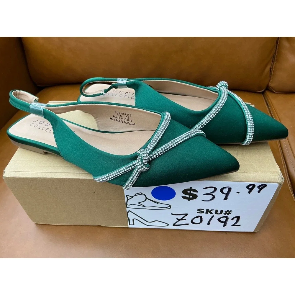 Journee Collection Rebbel Slingback Flats Womens‎ 5.5 Green Excellent Rhinestone